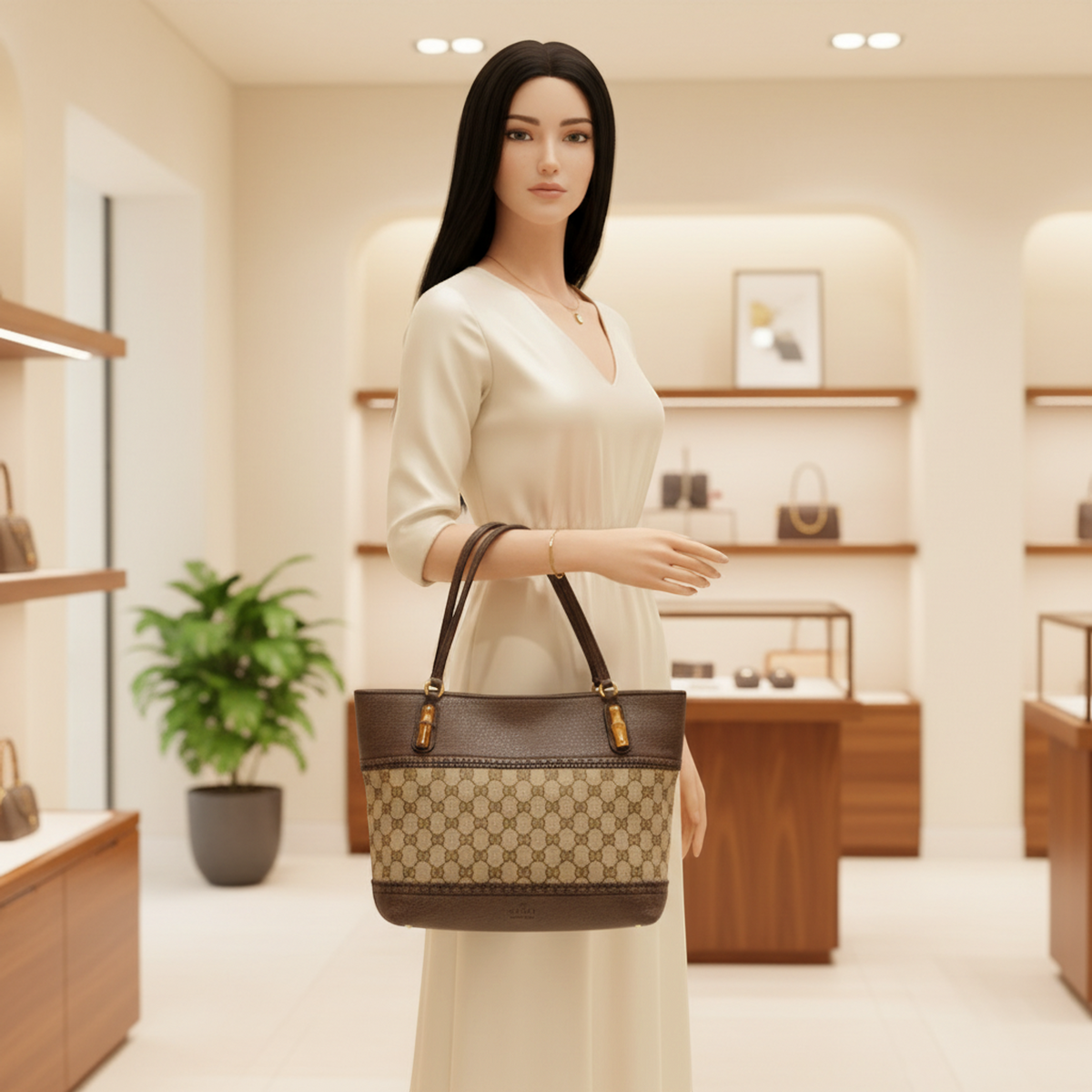 PRE-OWNED Gucci Bamboo · GG Canvas Tote