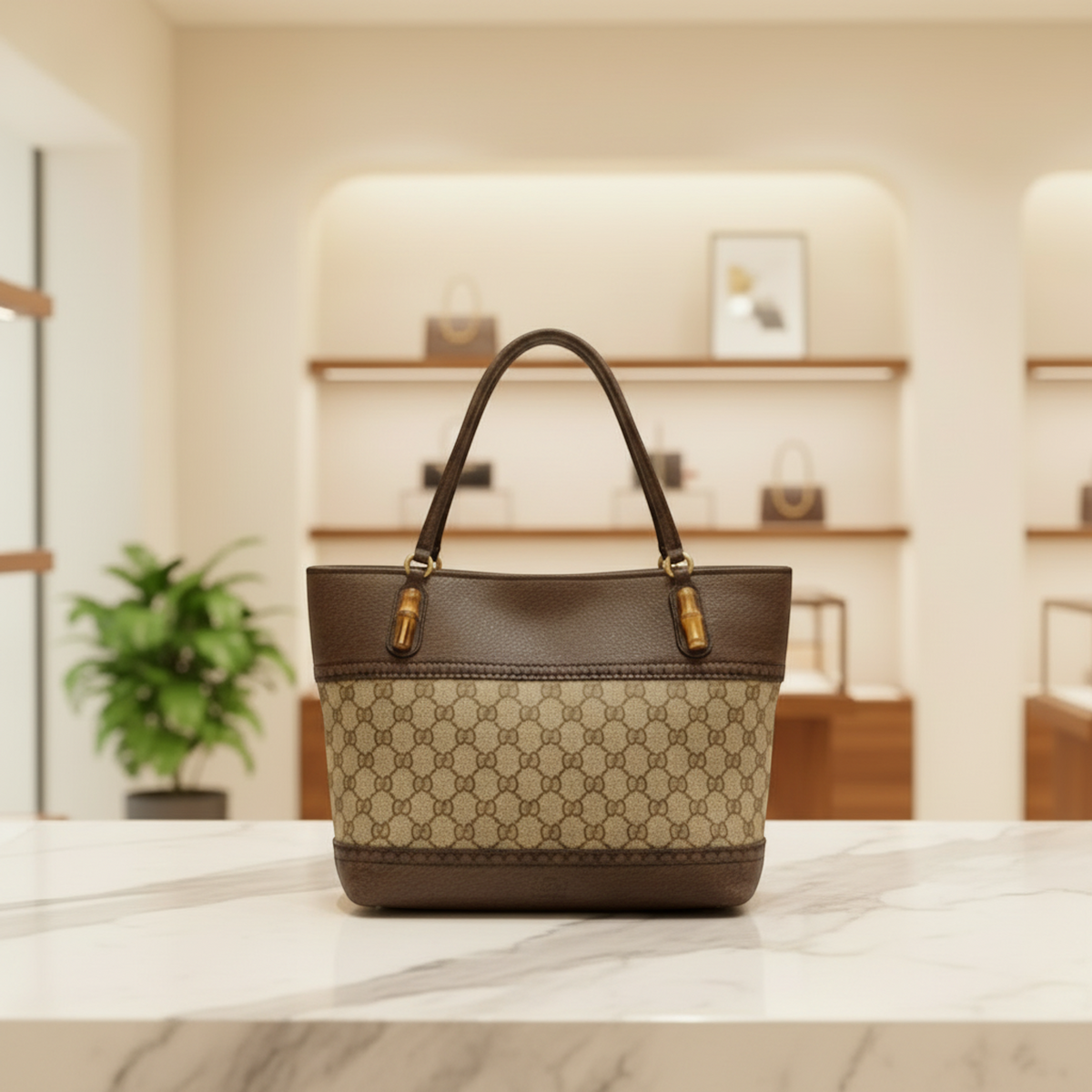 PRE-OWNED Gucci Bamboo · GG Canvas Tote