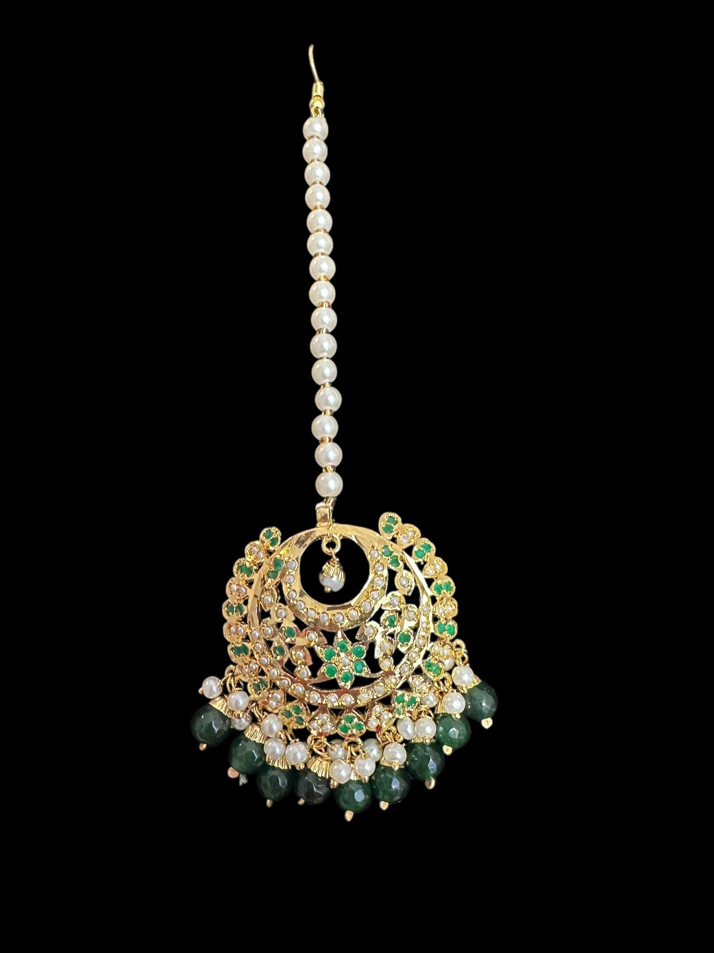 DJET84 Dafiya Gold Plated emerald Chandbali Earrings & Tika Set | Ready to Ship | Deccan Jewelry