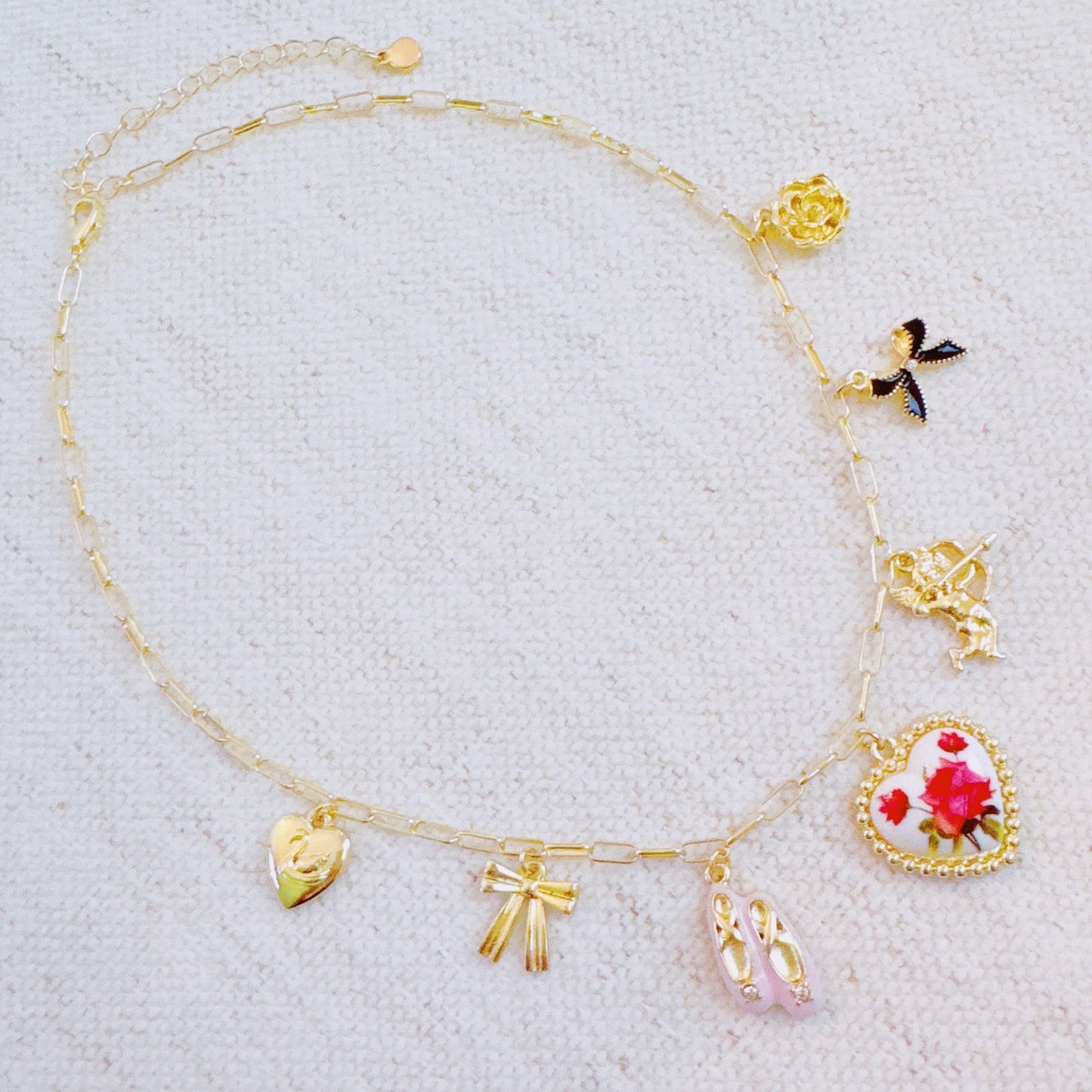 Ballet Garden Charm Necklace – Whimsical Gold Chain with Rose, Swan, Angel & Ballet Shoe Charms
