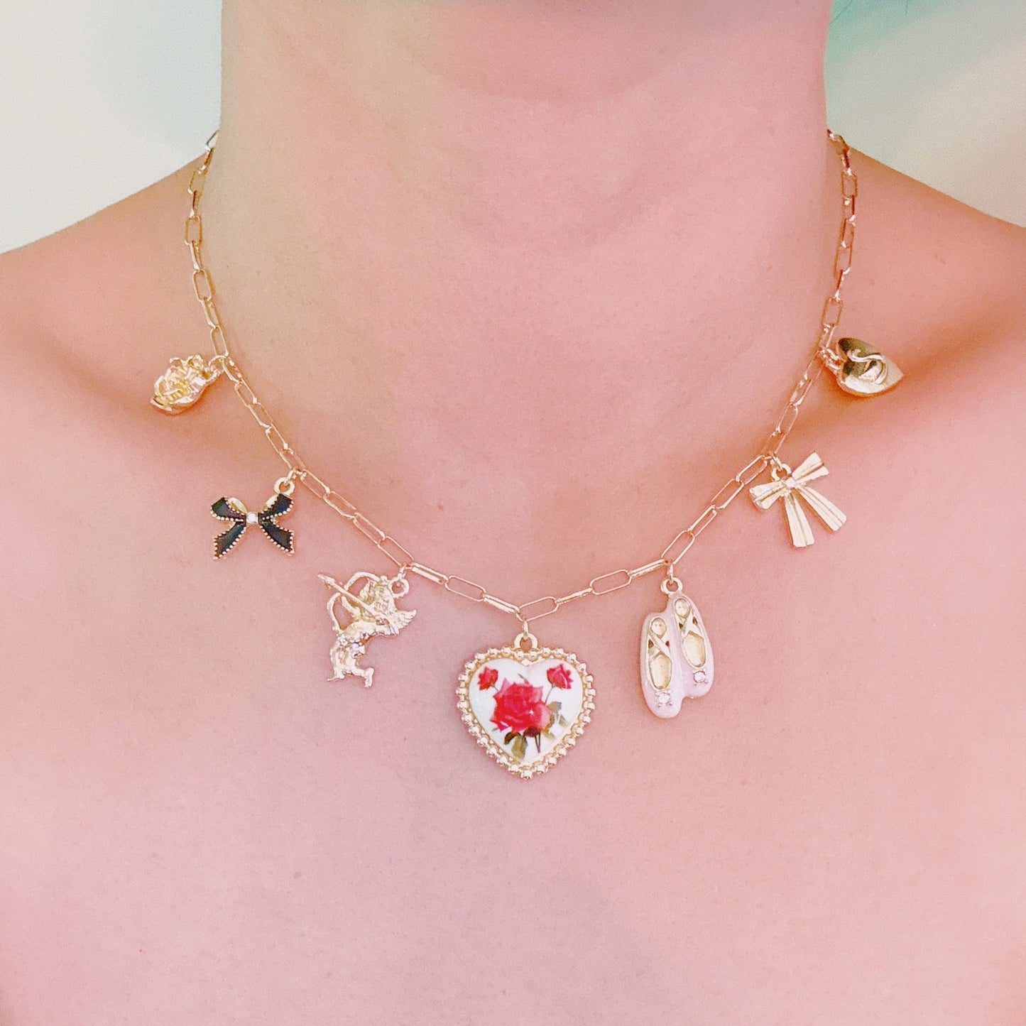 Ballet Garden Charm Necklace – Whimsical Gold Chain with Rose, Swan, Angel & Ballet Shoe Charms