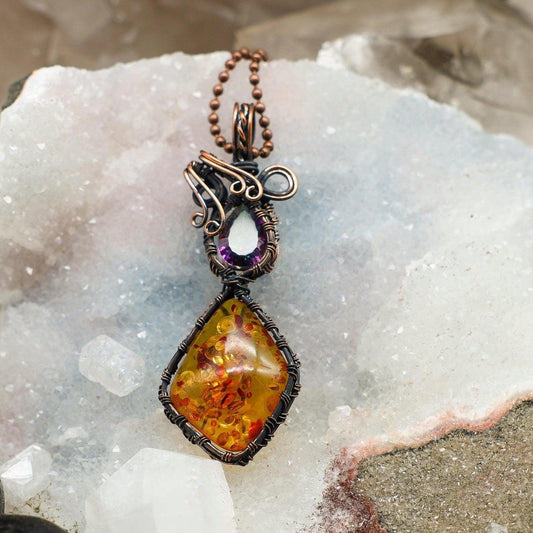 Baltic Amber And Tanzanite Dual Wire Wrap Crystal Pendant