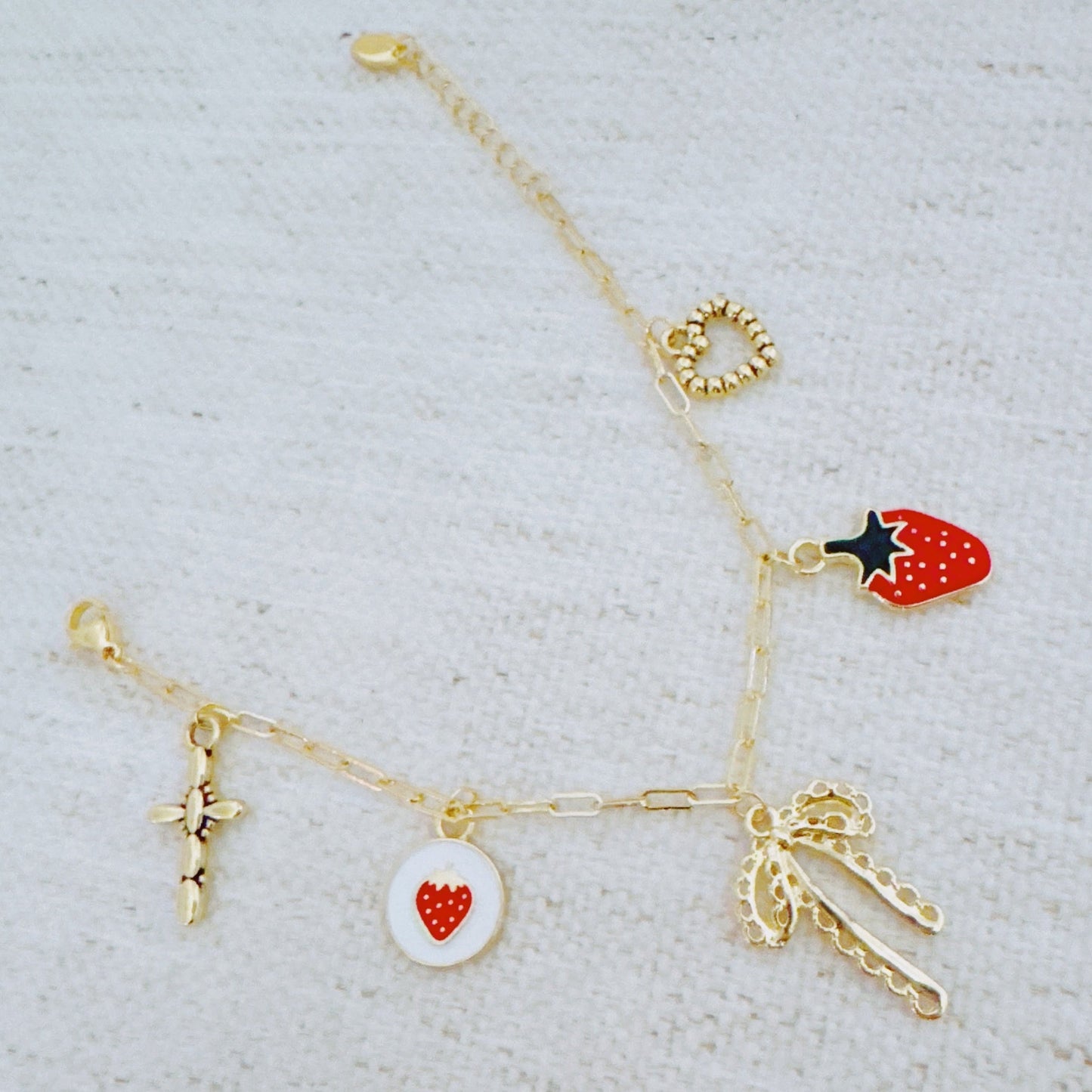 Berry Cute Charm Bracelet – Strawberry, Bow & Heart