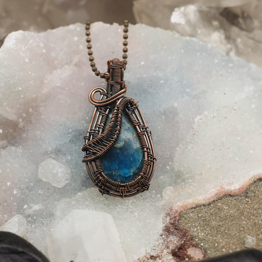Blue Apatite Wire Wrap Crystal Pendant