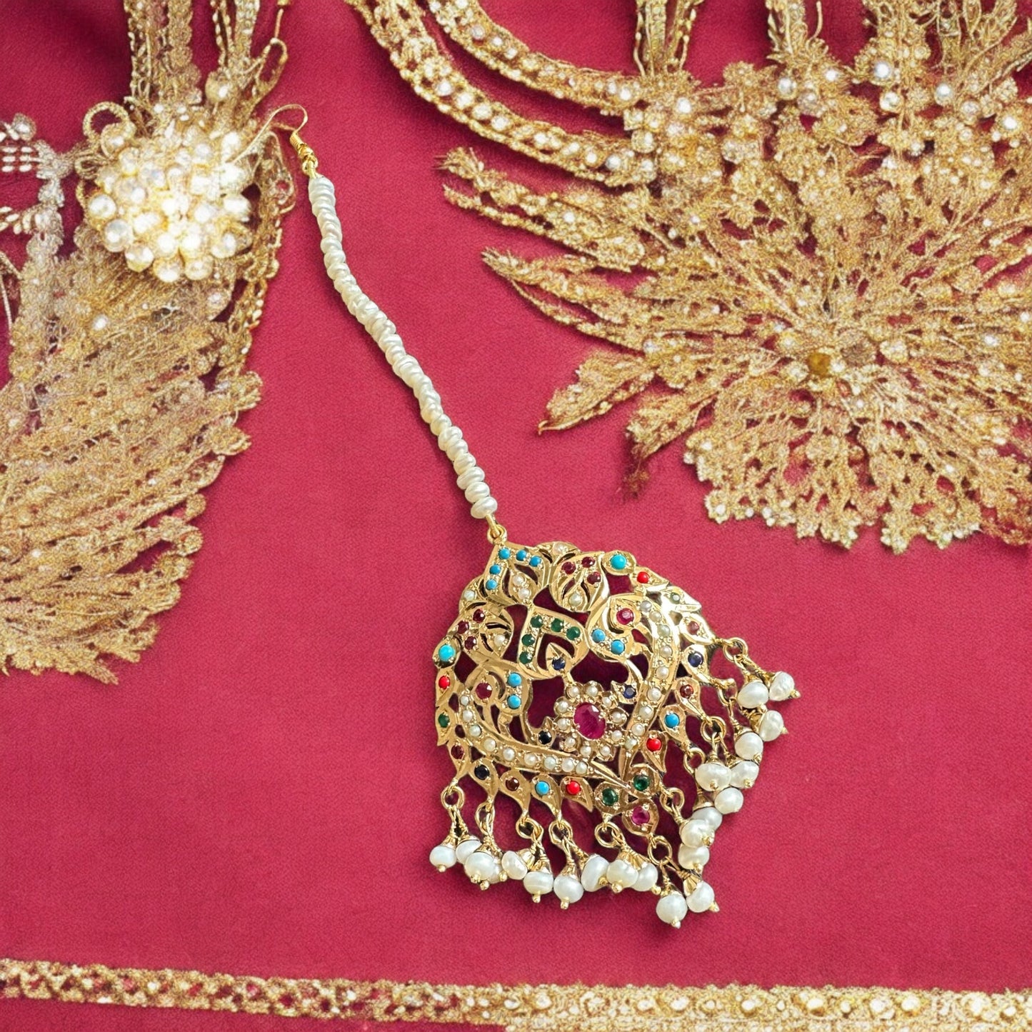 ESMA Navratan tika in silver with fresh water pearls - gold plated ( SHIPS IN 5 WEEKS  )
