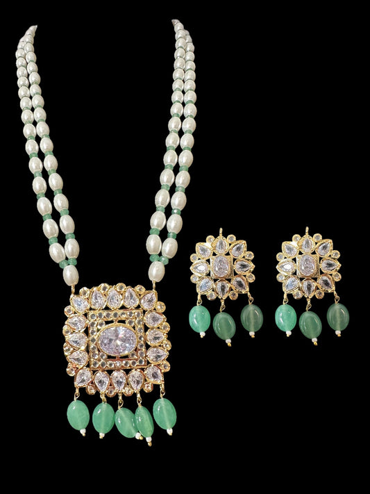 PS561 Hyderabadi pendant set with high quality zircon stones and light green beads ( SHIPS IN 2 WEEKS )