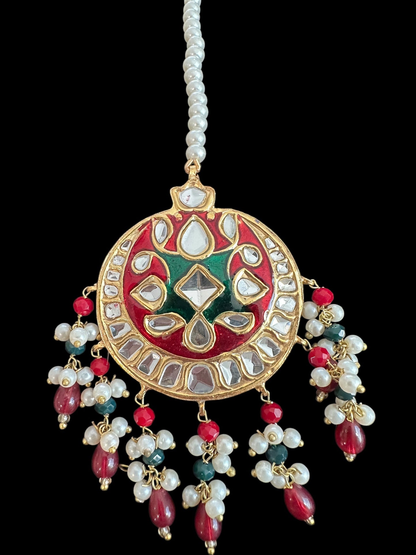 JTK36 kundan jhoomar tika in red and green meenakari  ( READY TO SHIP )