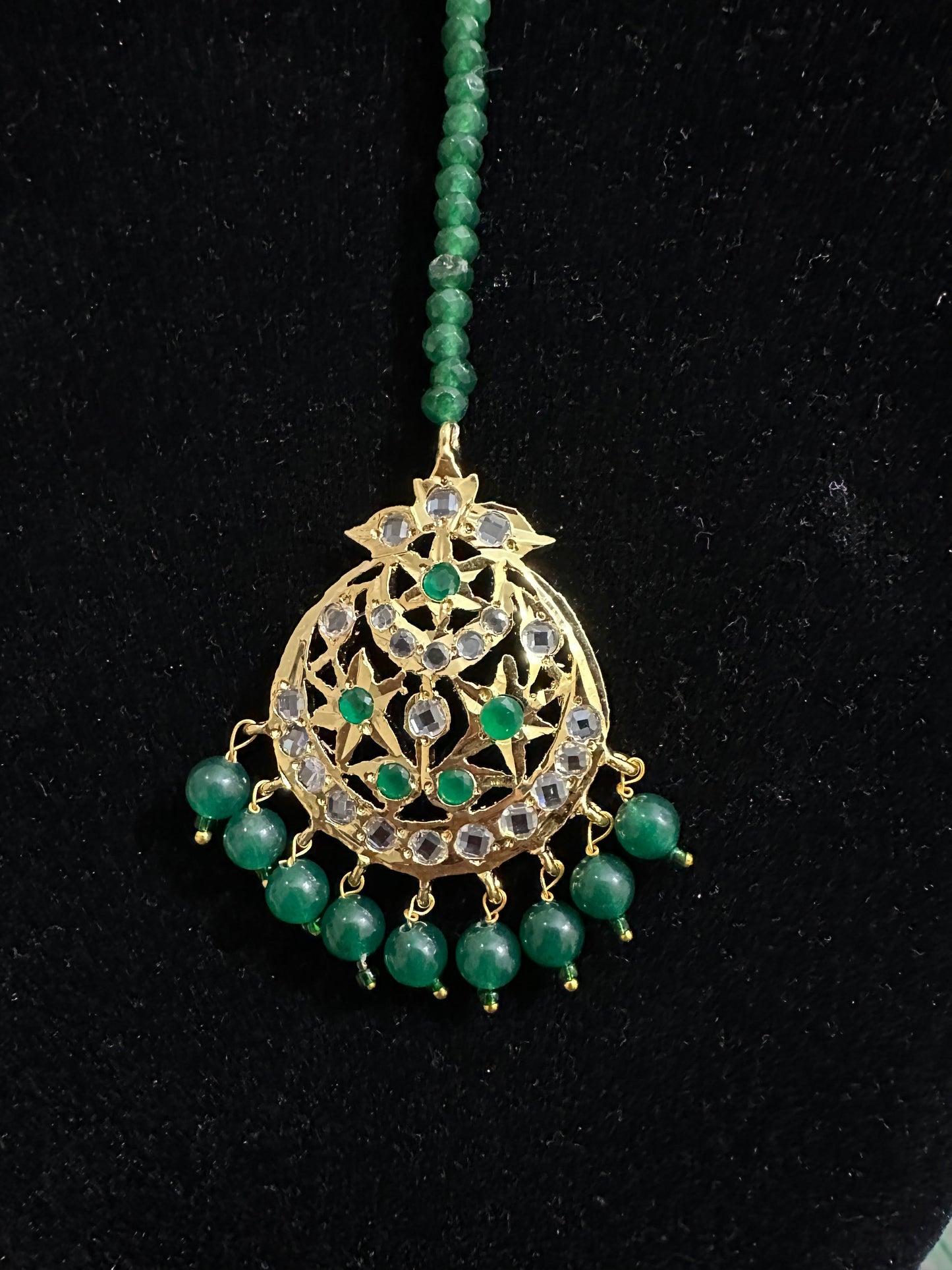 JTK7 Abira jhoomar and tika in green beads  ( READY TO SHIP  )