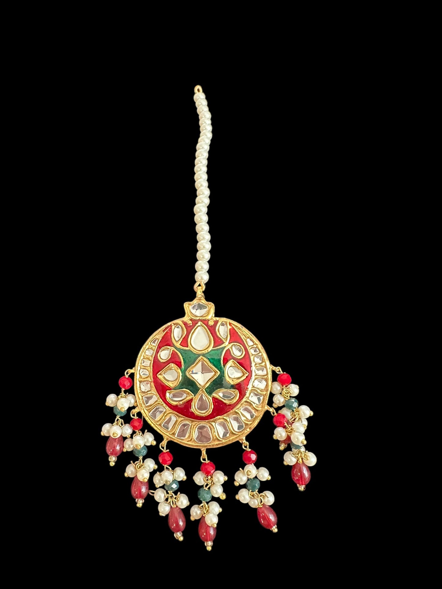 JTK36 kundan jhoomar tika in red and green meenakari  ( READY TO SHIP )