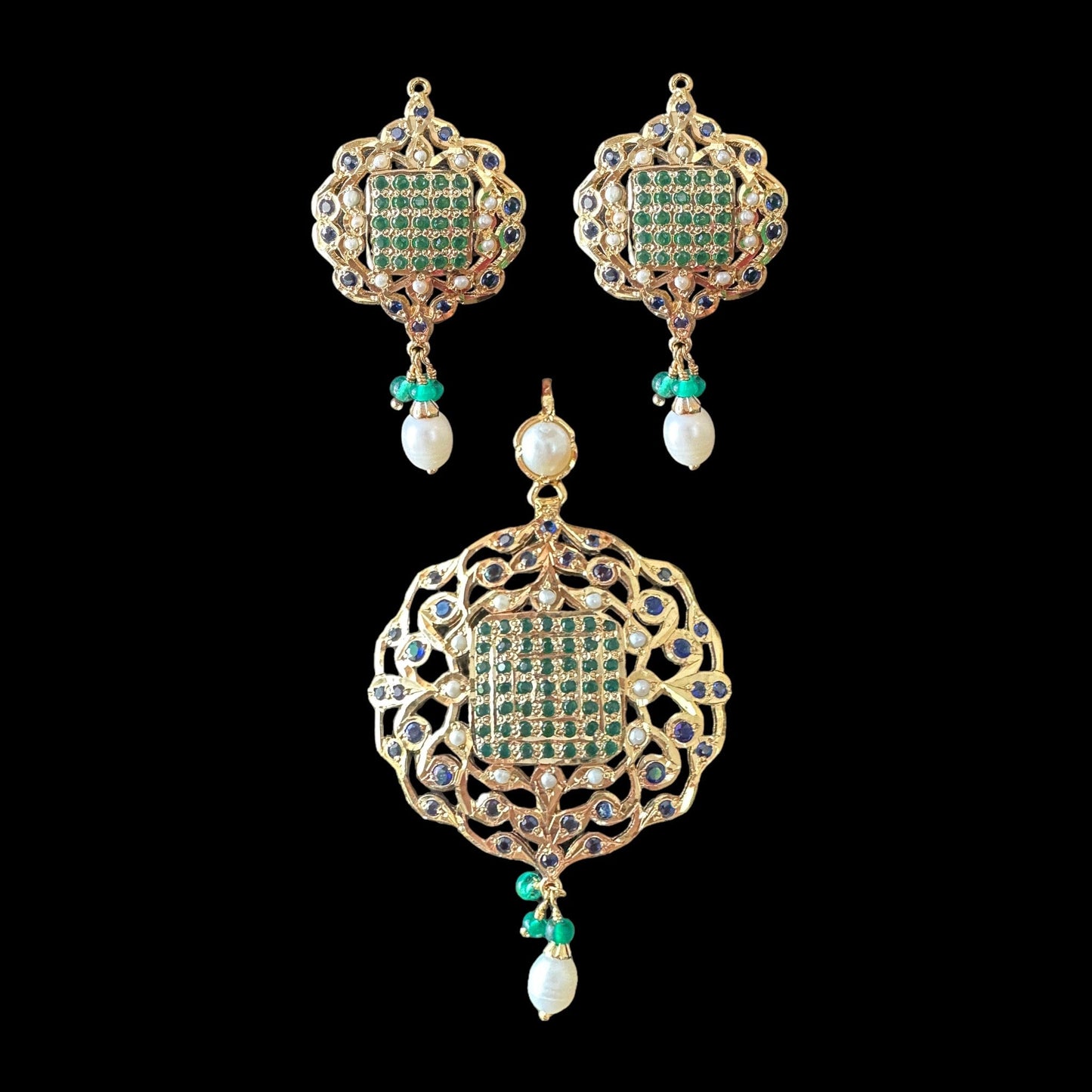 Emerald & Sapphire Gold-Plated Silver Pendant Set with Freshwater Pearls ( READY TO SHIP )