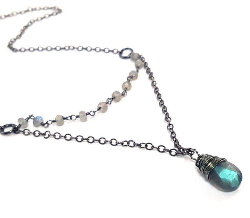 Blue Flash Labradorite & Oxidized Silver Rosary Necklace