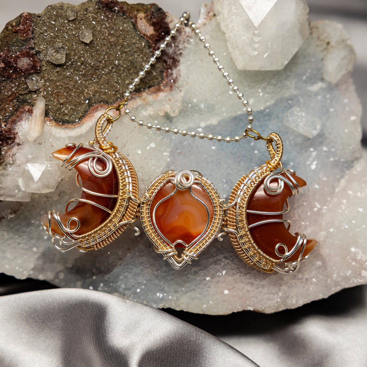 Carnelian Agate 3-Stone Wire Wrap Crystal Pendant