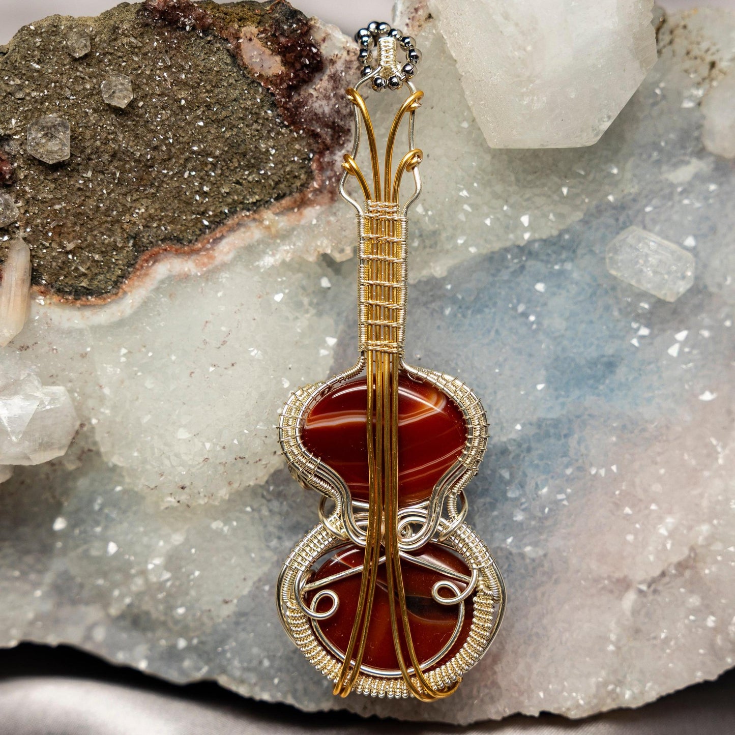 Carnelian Agate Fiddle Wire Wrap Pendant 4 Inch