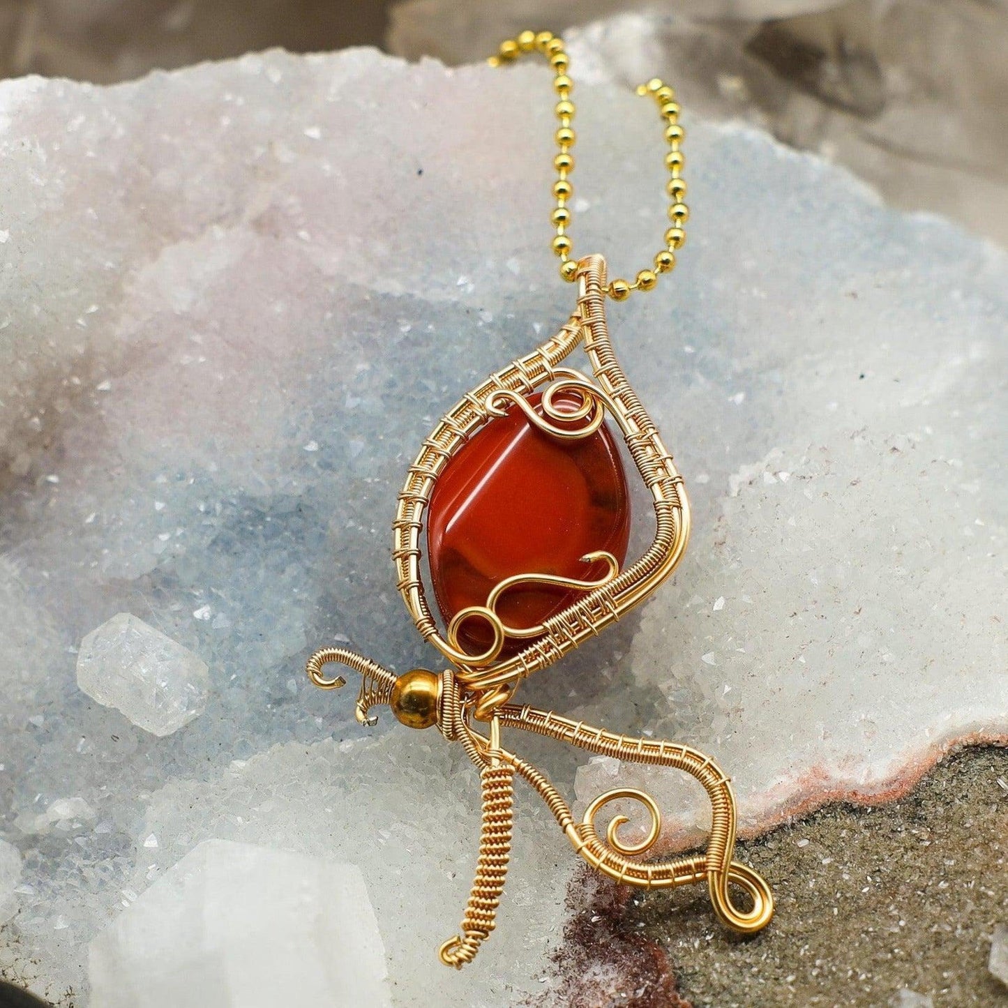 Carnelian Butterfly Wire Wrap Crystal Pendant