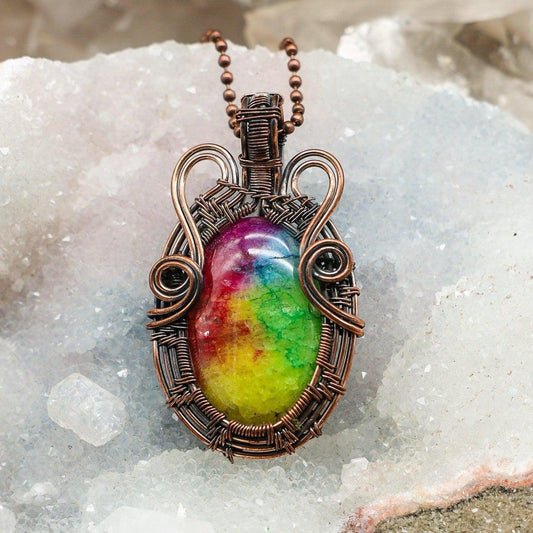 Chakra Agate Copper Wire Wrap Crystal Pendant Necklace