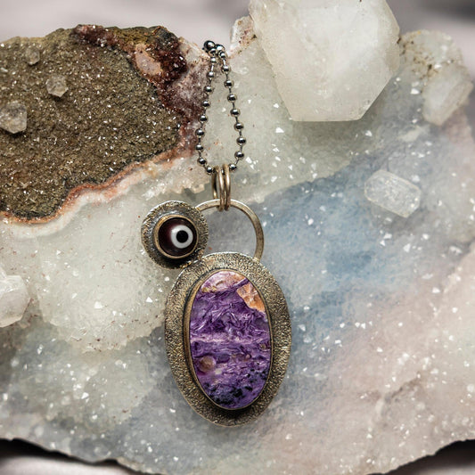 Charoite Crystal Evil Eye 925 Sterling Silver Pendant