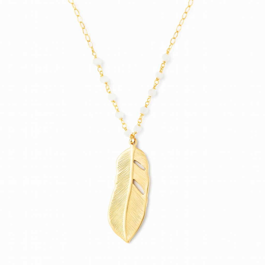 As Seen on Fuller House – Gold Feather & Moonstone Necklace, 24 Inch