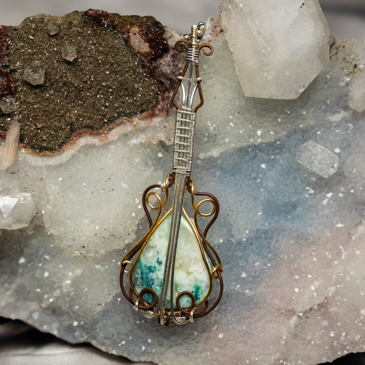 Chrysocolla In Quartz "Guitar" Wire Wrap Crystal Pendant