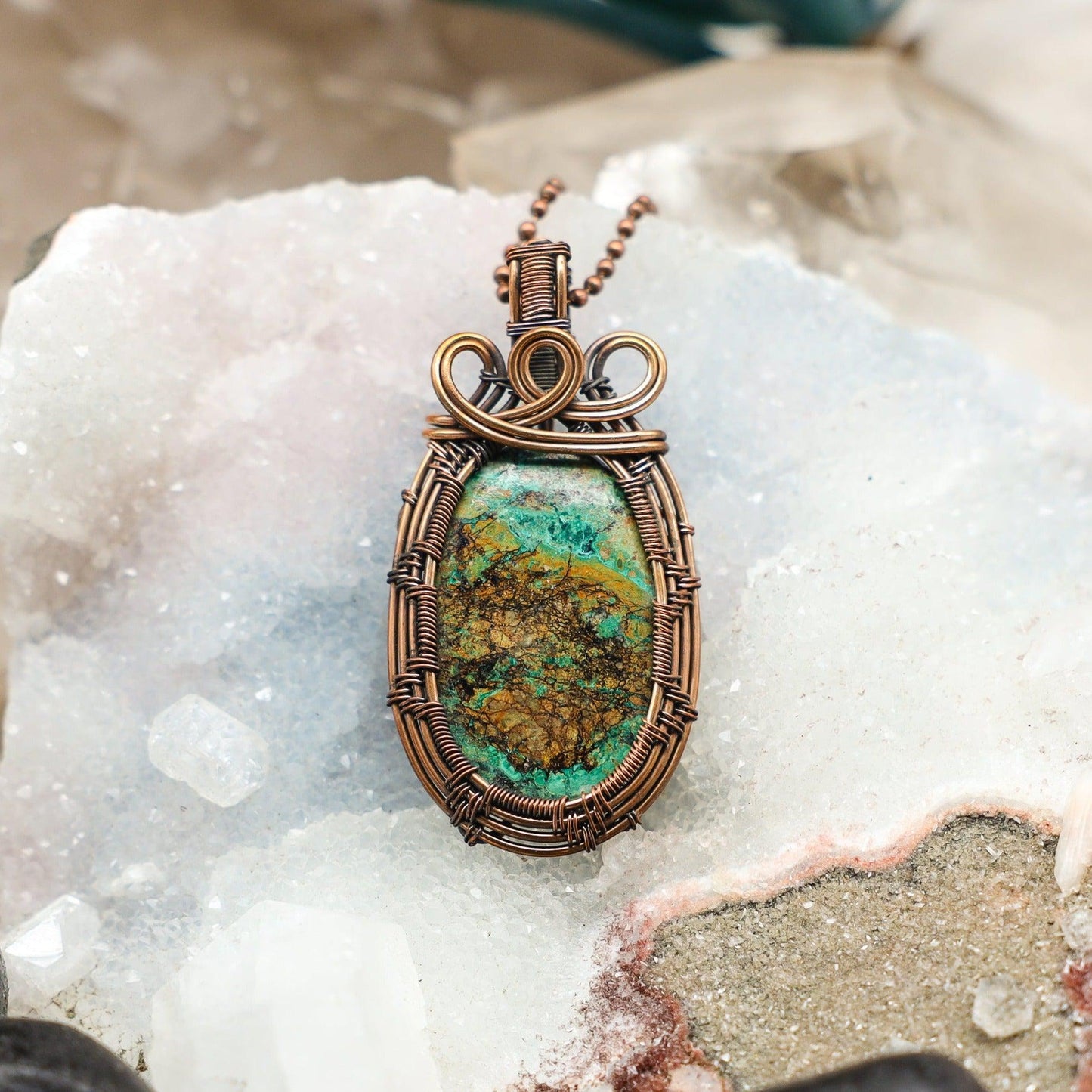 Chrysocolla Oval Wire Wrap Pendant 2.65 Inch