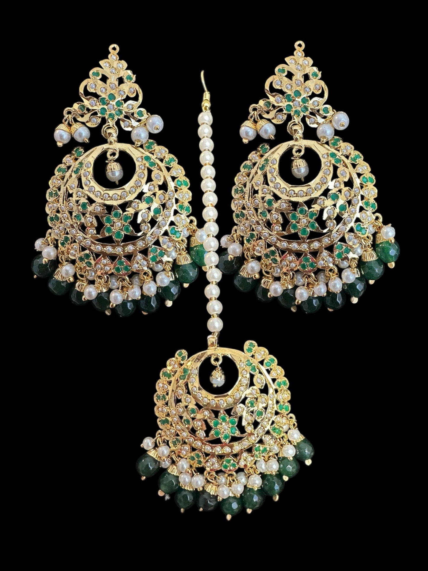 DJET84 Dafiya Gold Plated emerald Chandbali Earrings & Tika Set | Ready to Ship | Deccan Jewelry