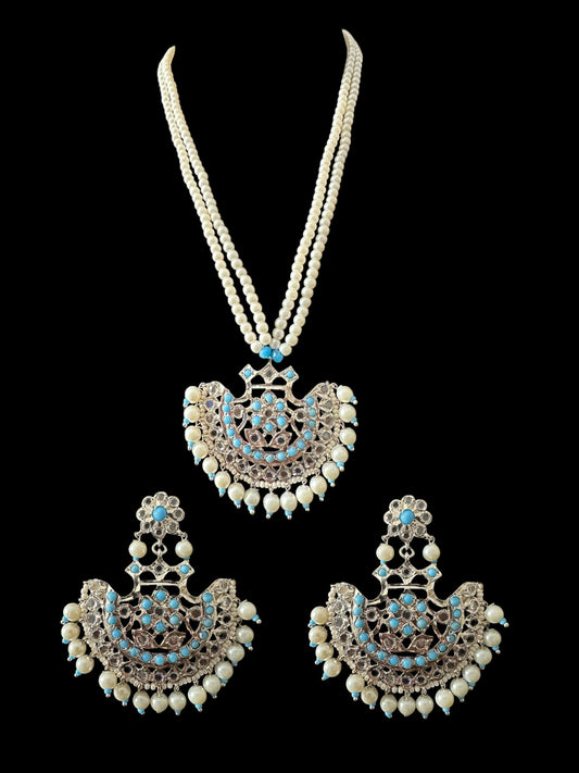 Turquoise / feroza hyderabadi silver plated pendant set with pearls ( READY TO SHIP  )