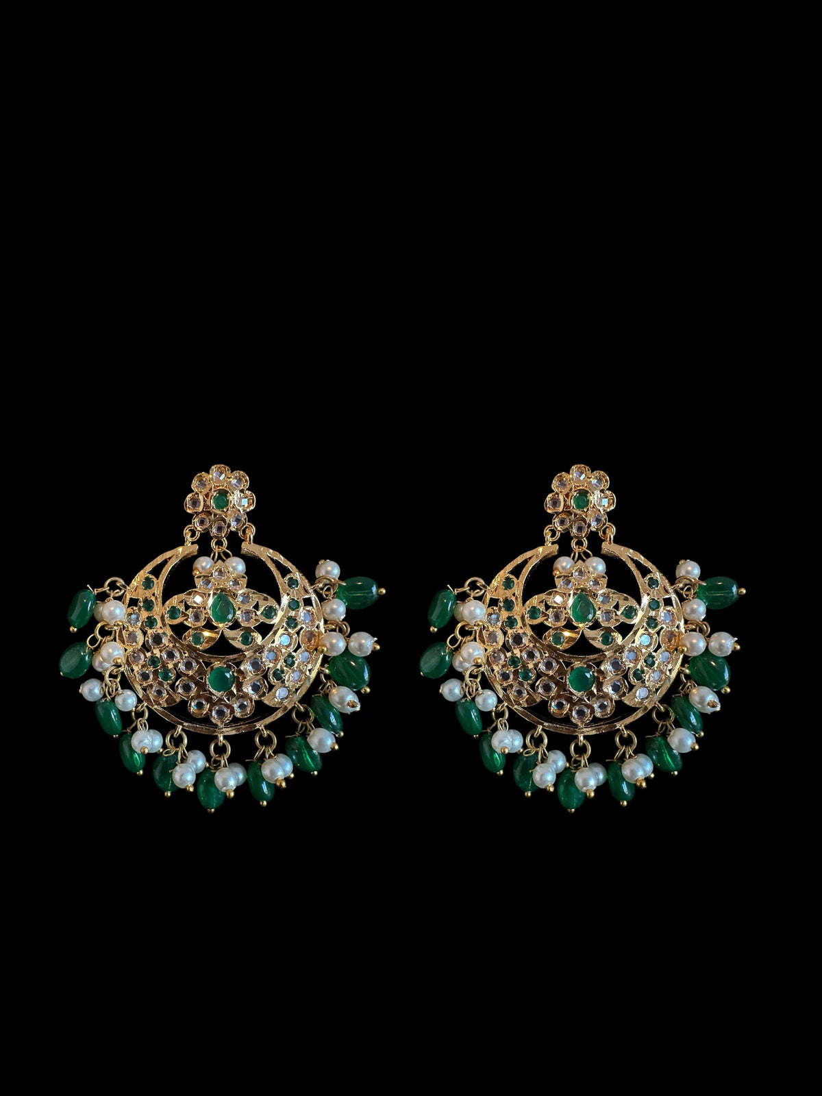 PS521 Tirmani with chandbali in green beads with pearls ( READY TO SHIP )