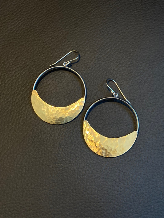 Crescent Moon Hoop Earrings in Oxidized Silver and Brass | Moon Phase Earrings