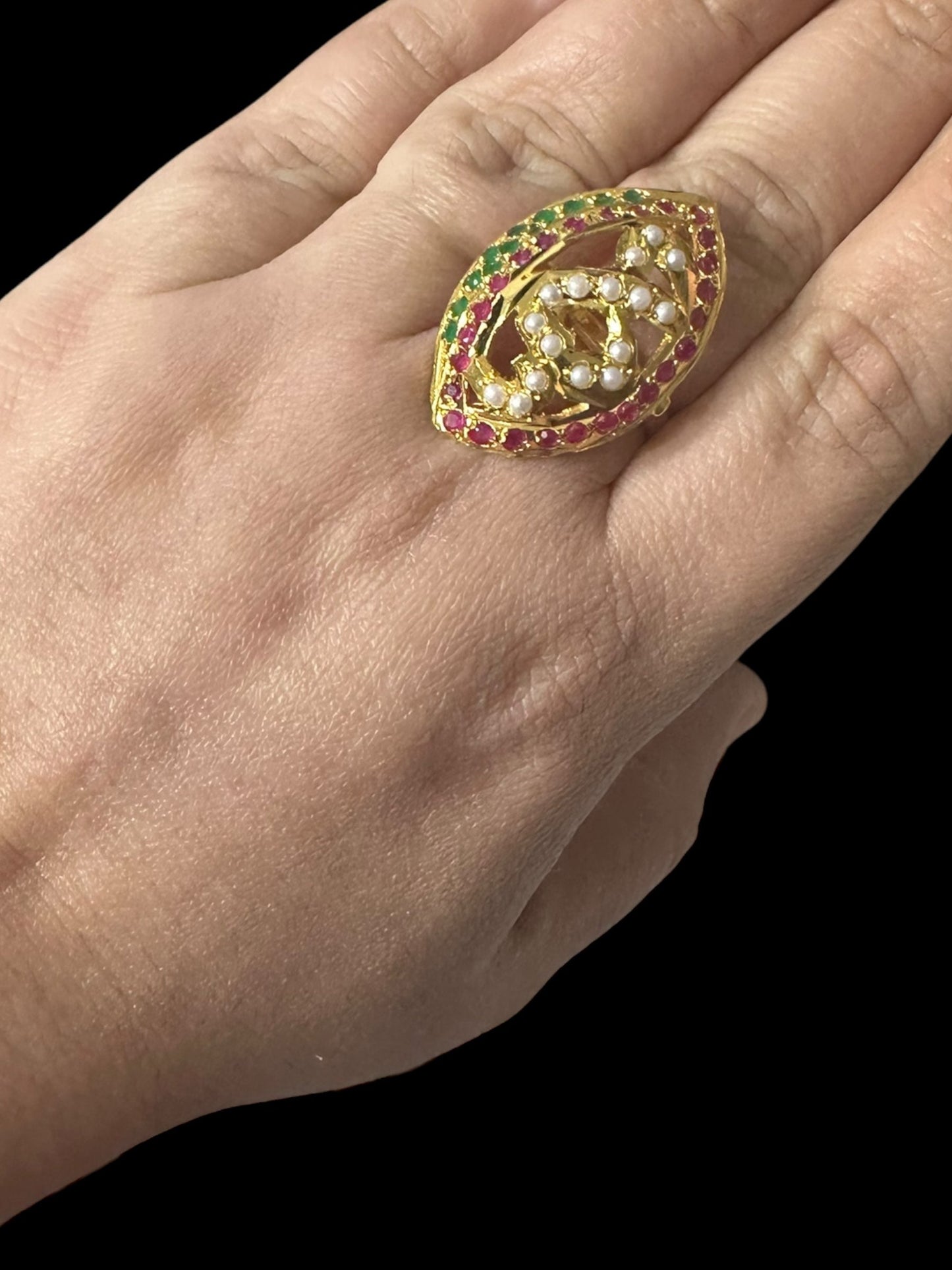 Koyal oval ruby emerald jadau ring ( READY TO SHIP )