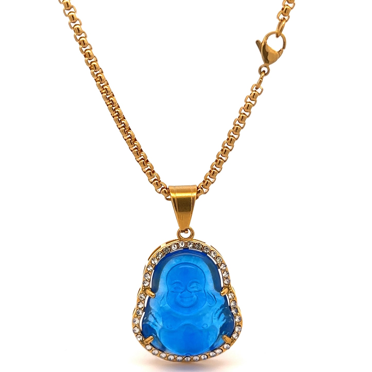 Carved Blue Buddha Pendant Gold Plated Necklace Chain