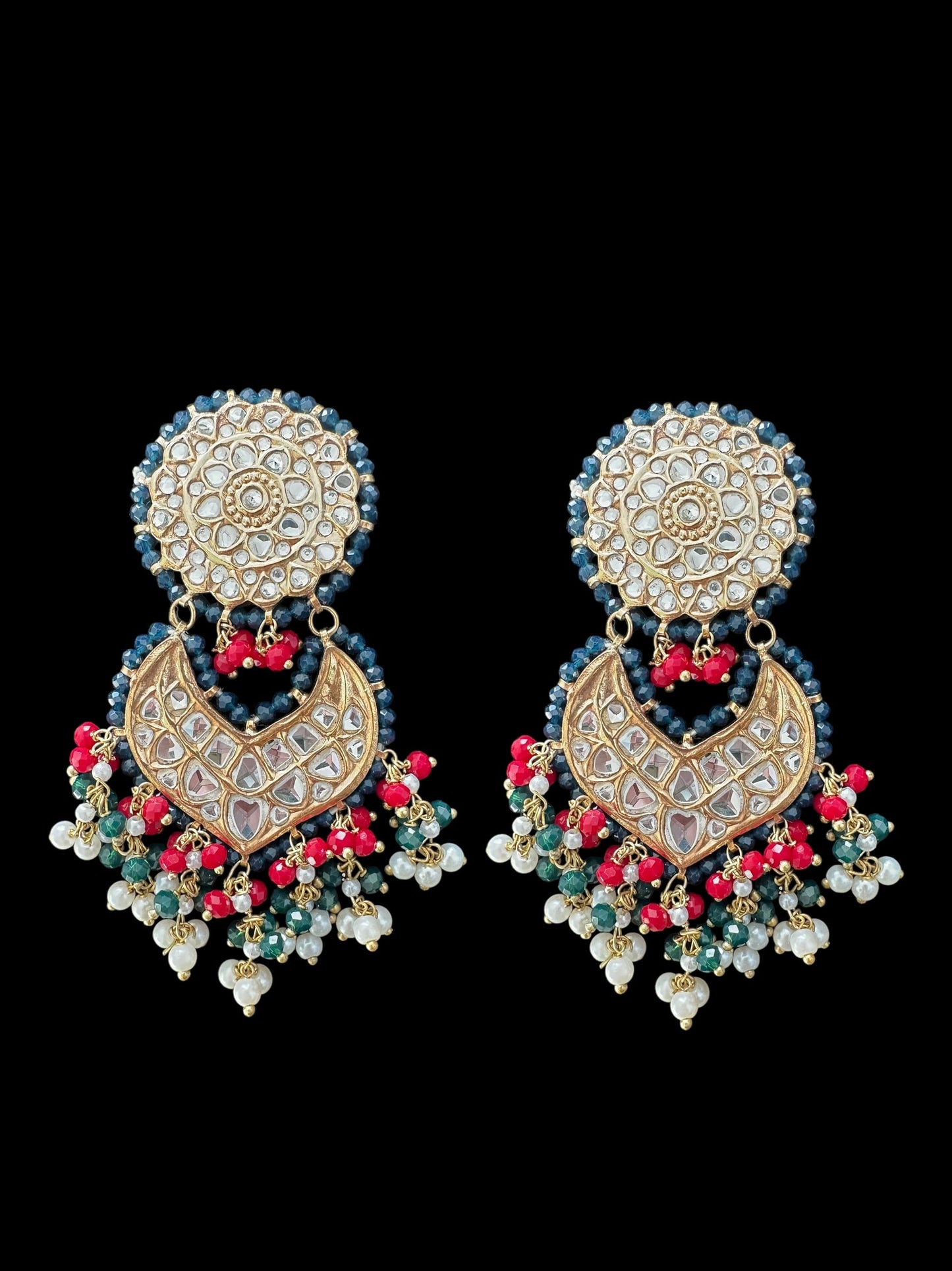 DER639  Sapphire ruby emerald thapa kundan earrings ( READY TO SHIP )