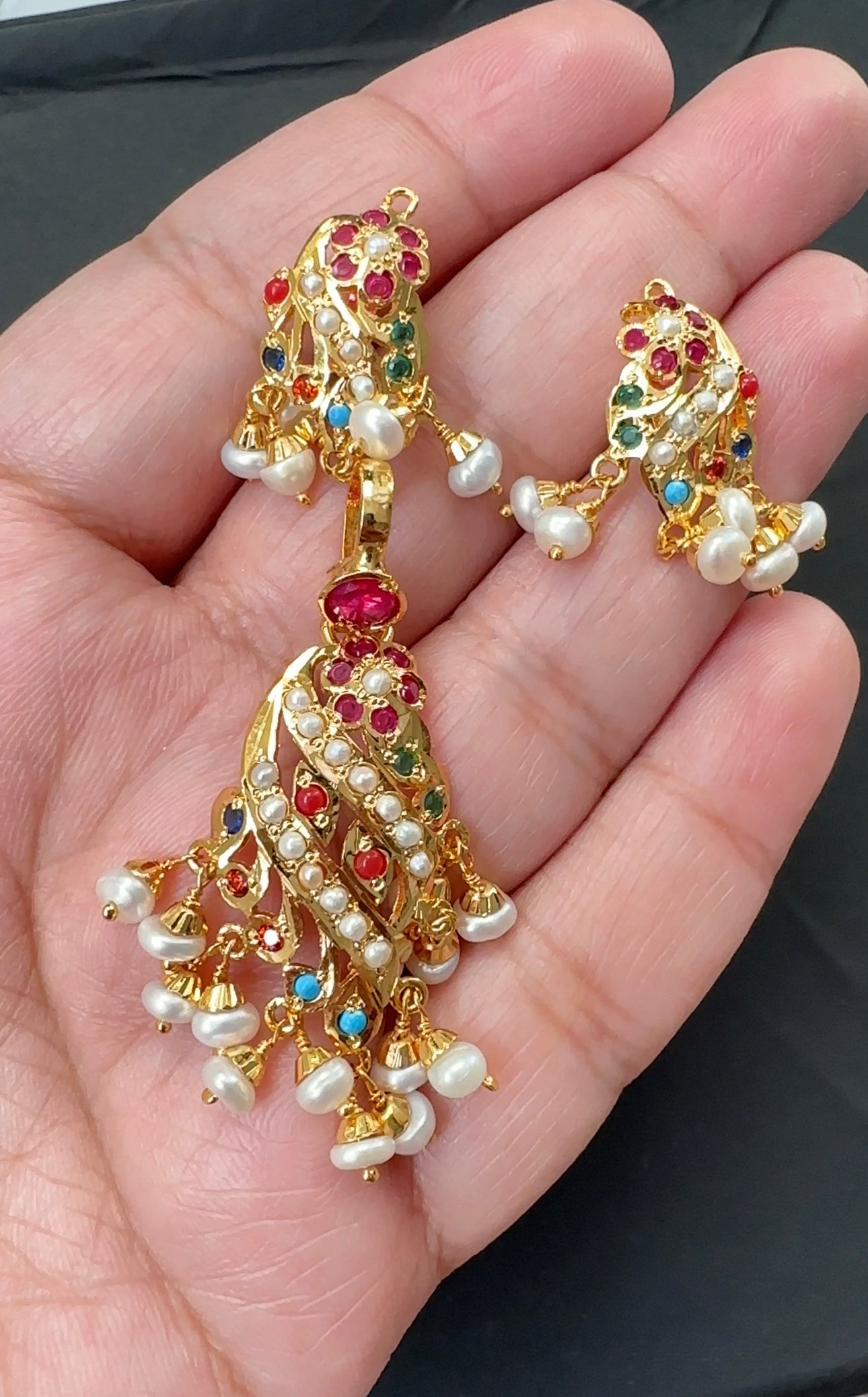 Gold plated jadau silver pendant set in navratan   ( SHIPS IN 5 WEEKS )