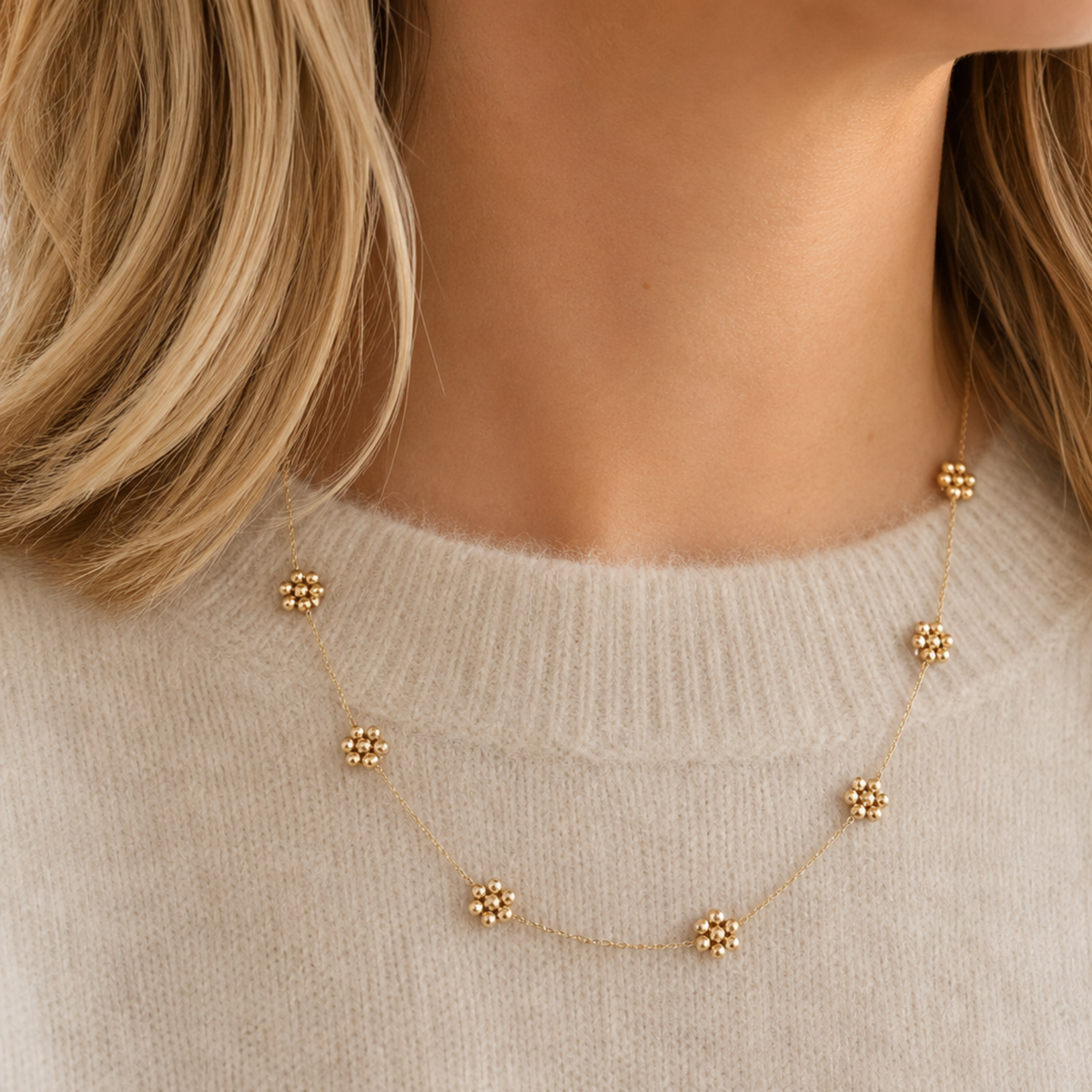 Dainty Golden Bead Flower Necklace - Waterproof Stainless Steel