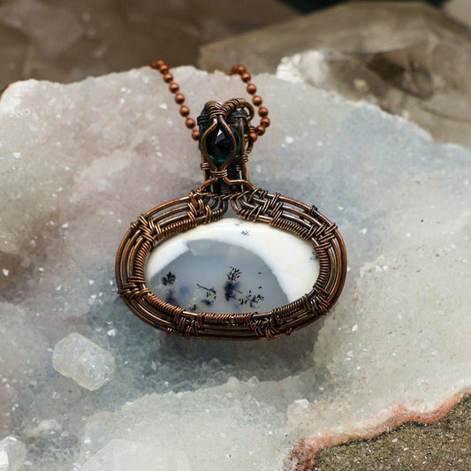 Dendritic Agate Crystal Oval Copper Wire Wrap Pendant