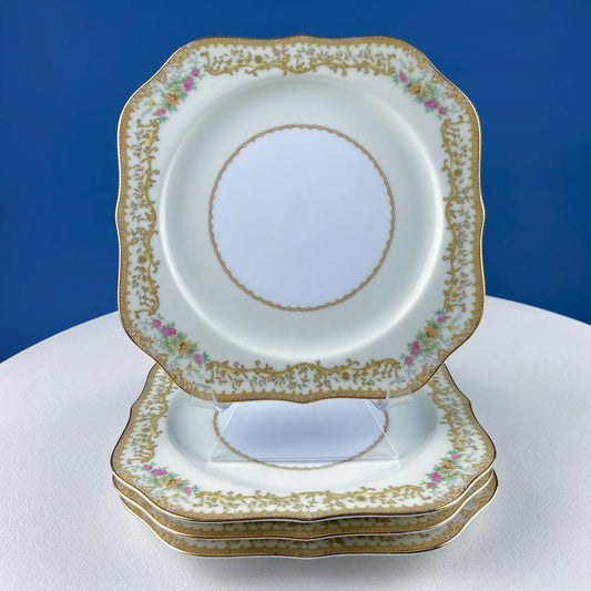 Dessert Salad Plates by Noritake, Elvira Pattern. 5 Porcelain Square Plates with Gold Garland Motifs. Hosting Essentials. Dining Room Decor.
