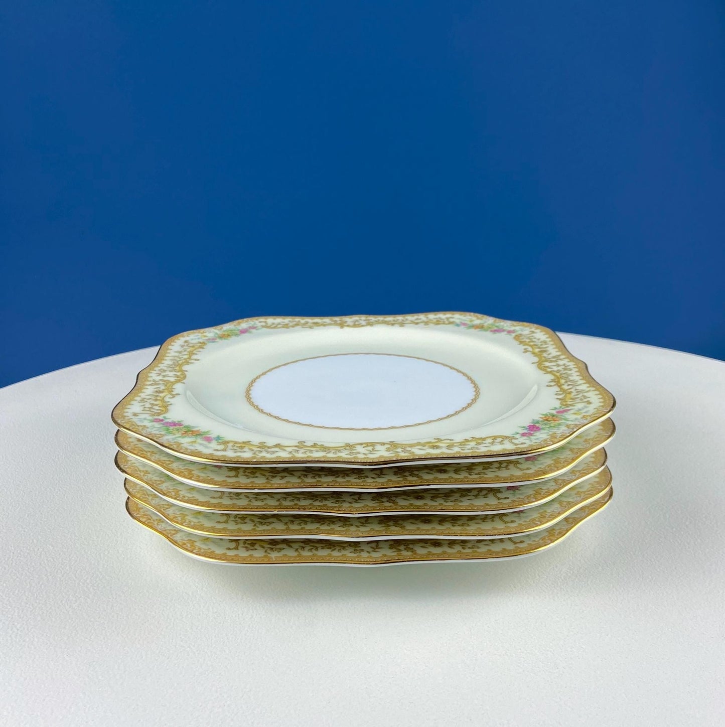 Dessert Salad Plates by Noritake, Elvira Pattern. 5 Porcelain Square Plates with Gold Garland Motifs. Hosting Essentials. Dining Room Decor.