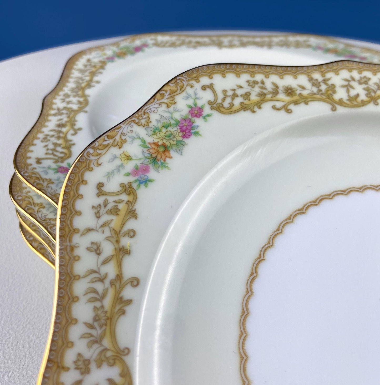Dessert Salad Plates by Noritake, Elvira Pattern. 5 Porcelain Square Plates with Gold Garland Motifs. Hosting Essentials. Dining Room Decor.