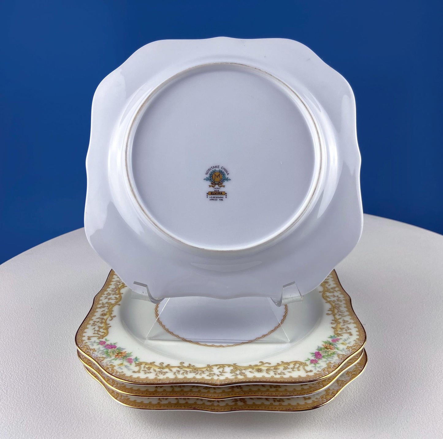 Dessert Salad Plates by Noritake, Elvira Pattern. 5 Porcelain Square Plates with Gold Garland Motifs. Hosting Essentials. Dining Room Decor.