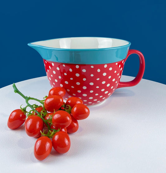 Red White & Blue Dotted Oversized Cup Bowl. Funny Serving or Mixing Bowl. Cute Gift for Mom or Friend Fond of Baking. Dining Room Decor.