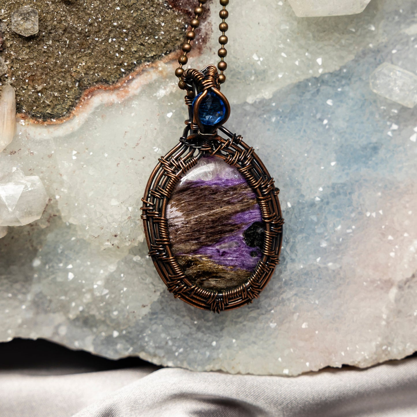 Double Charoite Wire Wrap Crystal Pendant