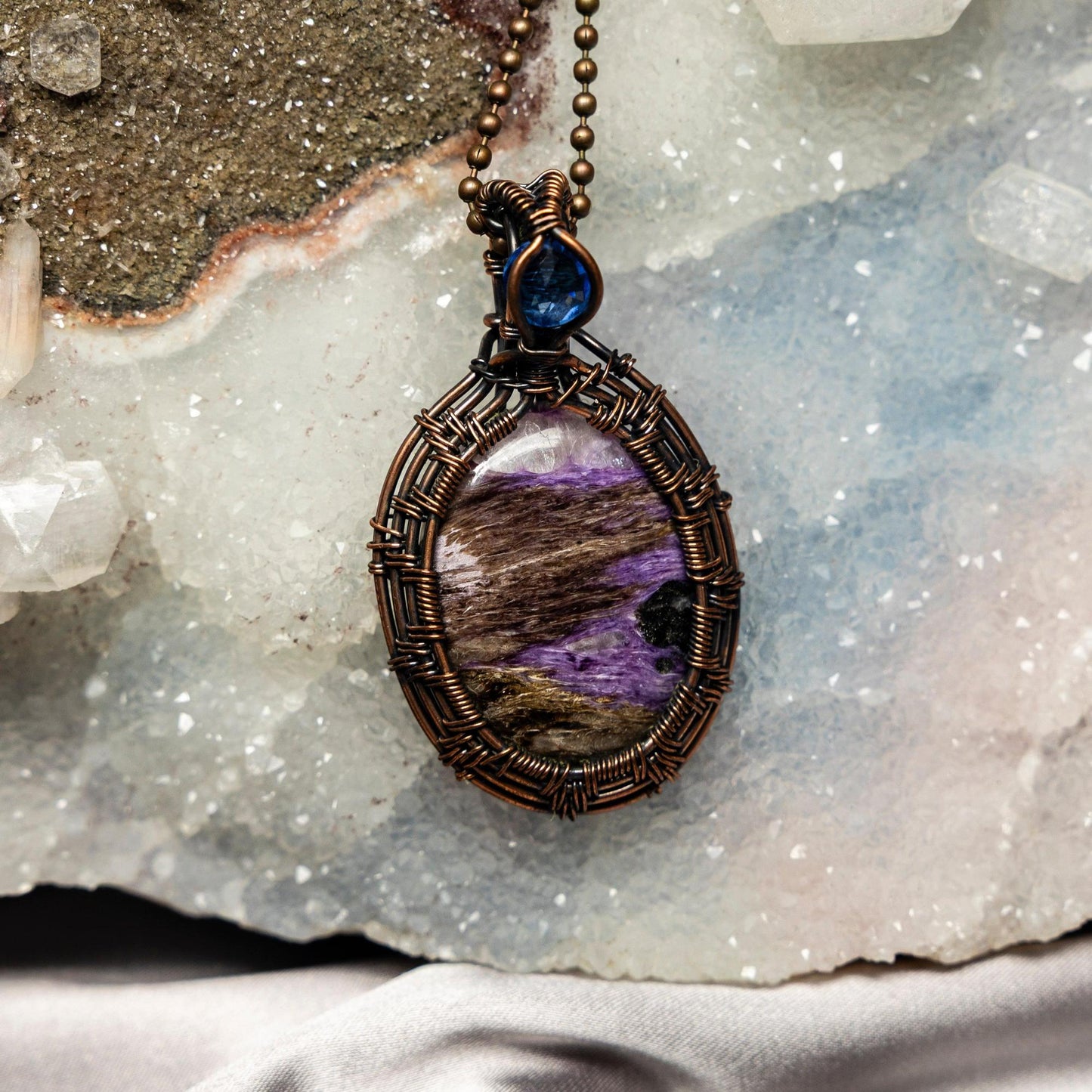 Double Charoite Wire Wrap Pendant 2.5 Inch