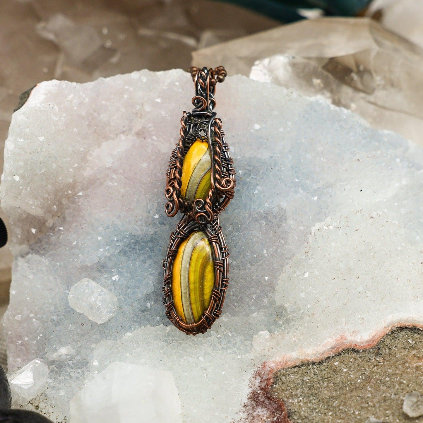 Dual Bumblebee Jasper Wire Wrap Crystal Pendant