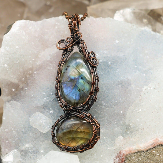 Dual Labradorite Copper Wire Wrap Crystal Pendant Stone