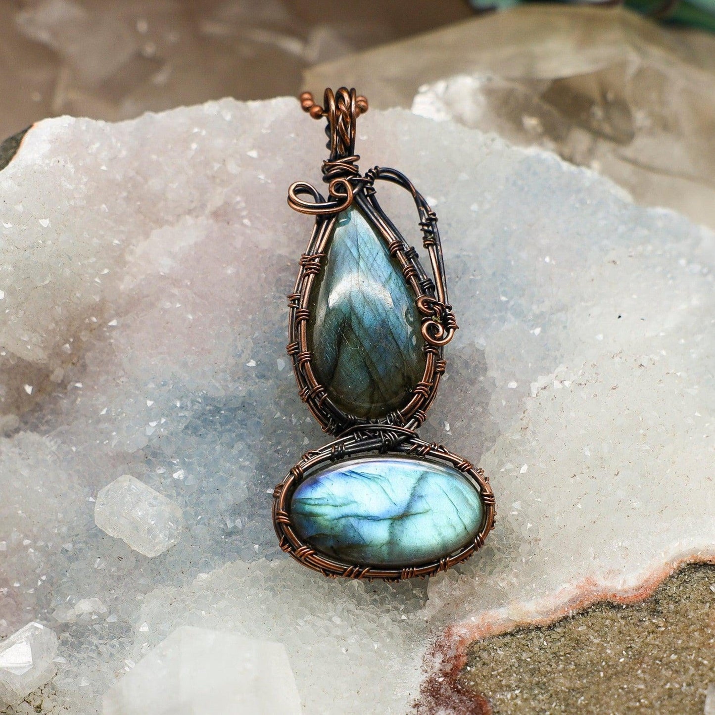 Dual Labradorite Wire Wrap Crystal Pendant