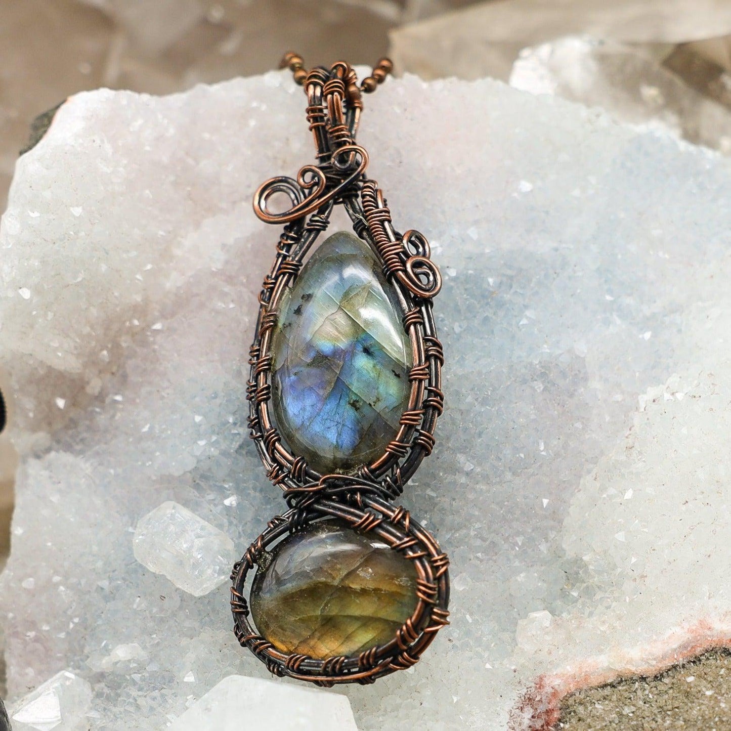 Dual Labradorite Wire Wrap Crystal Pendant
