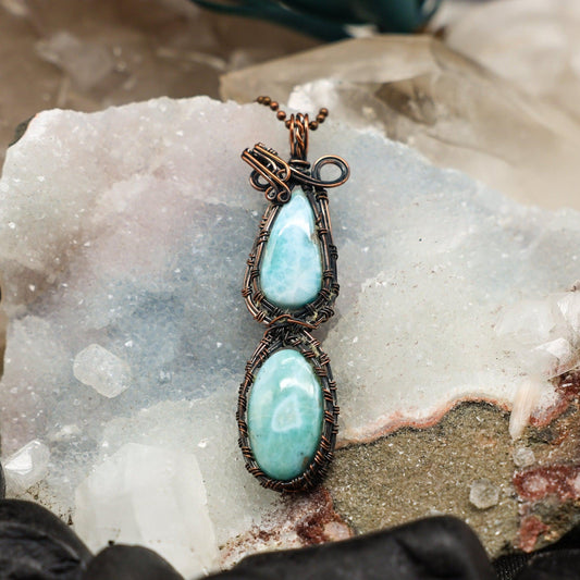 Dual Larimar Wire Wrap Crystal Pendant