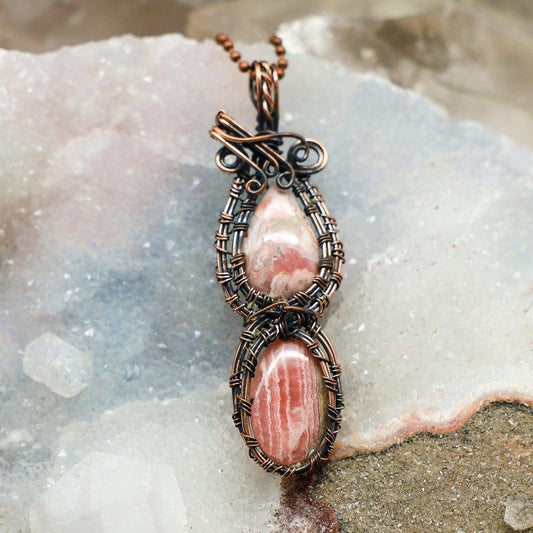 Dual Rhodochrosite Wire Wrap Pendant 3.25"