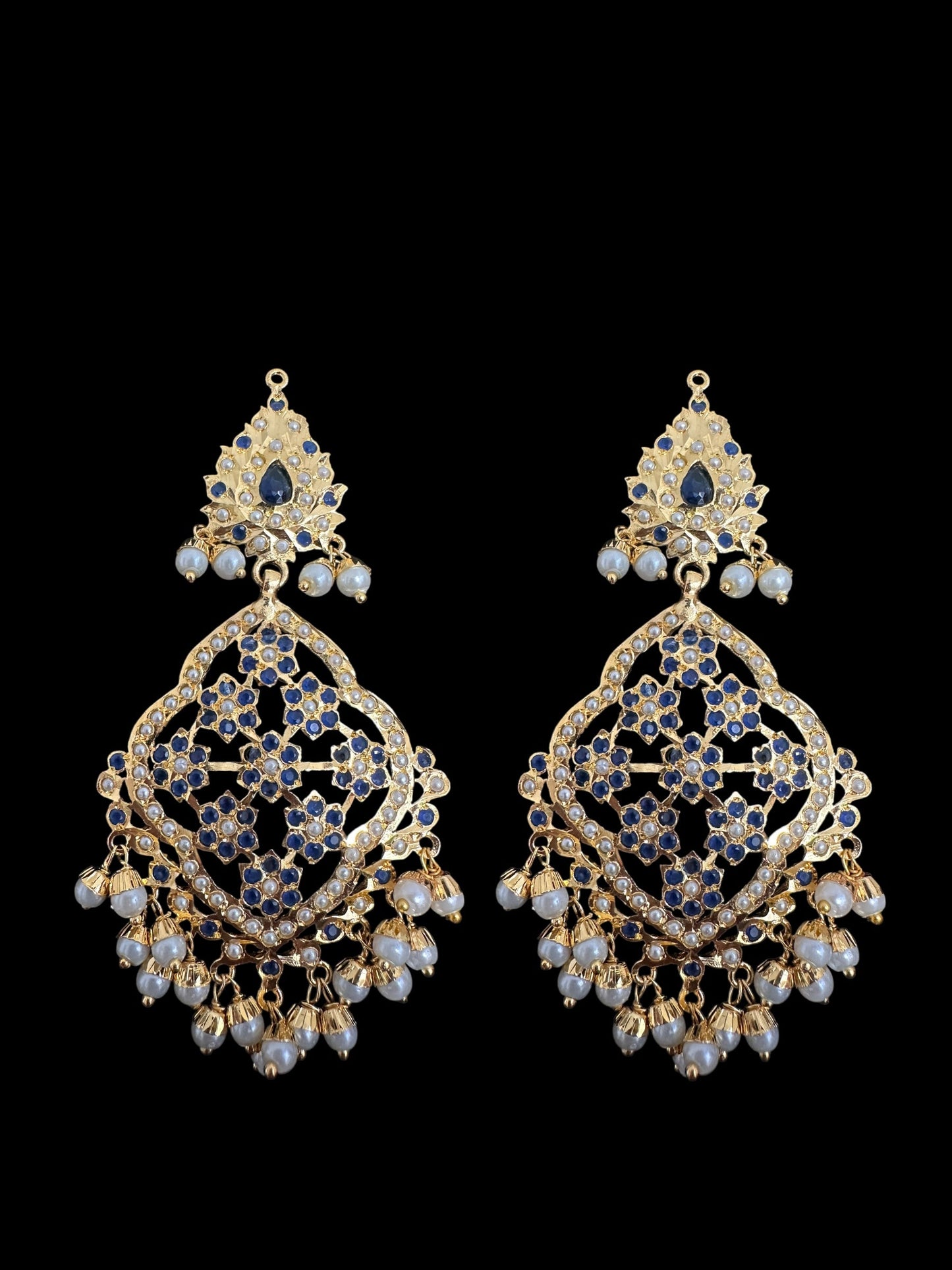 DJET89 Mehru Jadau chandbali earrings tika in sapphire pearls ( READY TO SHIP )