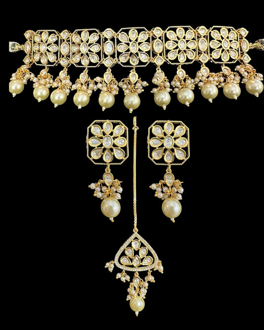 C549 vanya polki choker with earrings in golden pearls ( READY TO SHIP )