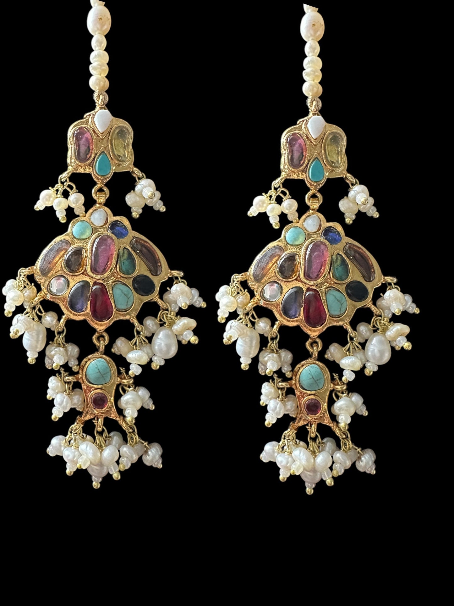 C547 Navratan bridal choker earrings set in fresh water pearls ( READY TO SHIP )
