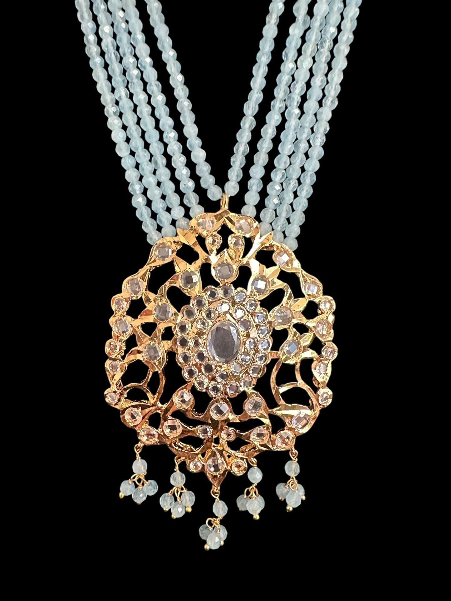 DLN123 Himah long necklace with earrings in real aquamarine beads ( SHIPS IN 2 WEEKS )